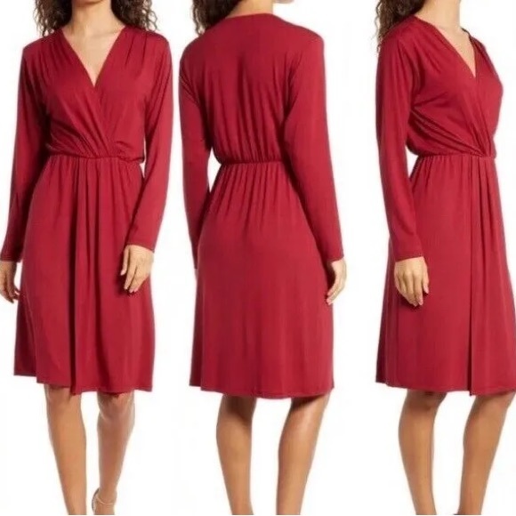 Fraiche by J Dresses & Skirts - Fraiche by J Red V-Neck Long Sleeve Faux Wrap Stretch Knit Dress